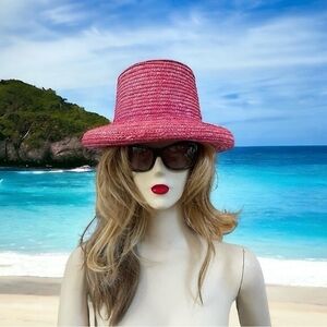Vintage BETMAR Hot Pink Straw Bucket Hat Women Beach Sun Protection One Size